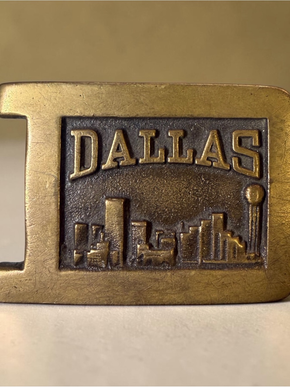 Vintage 1964 Brass Dallas Skyline Accent Belt Buckle - Antique Brass Finish